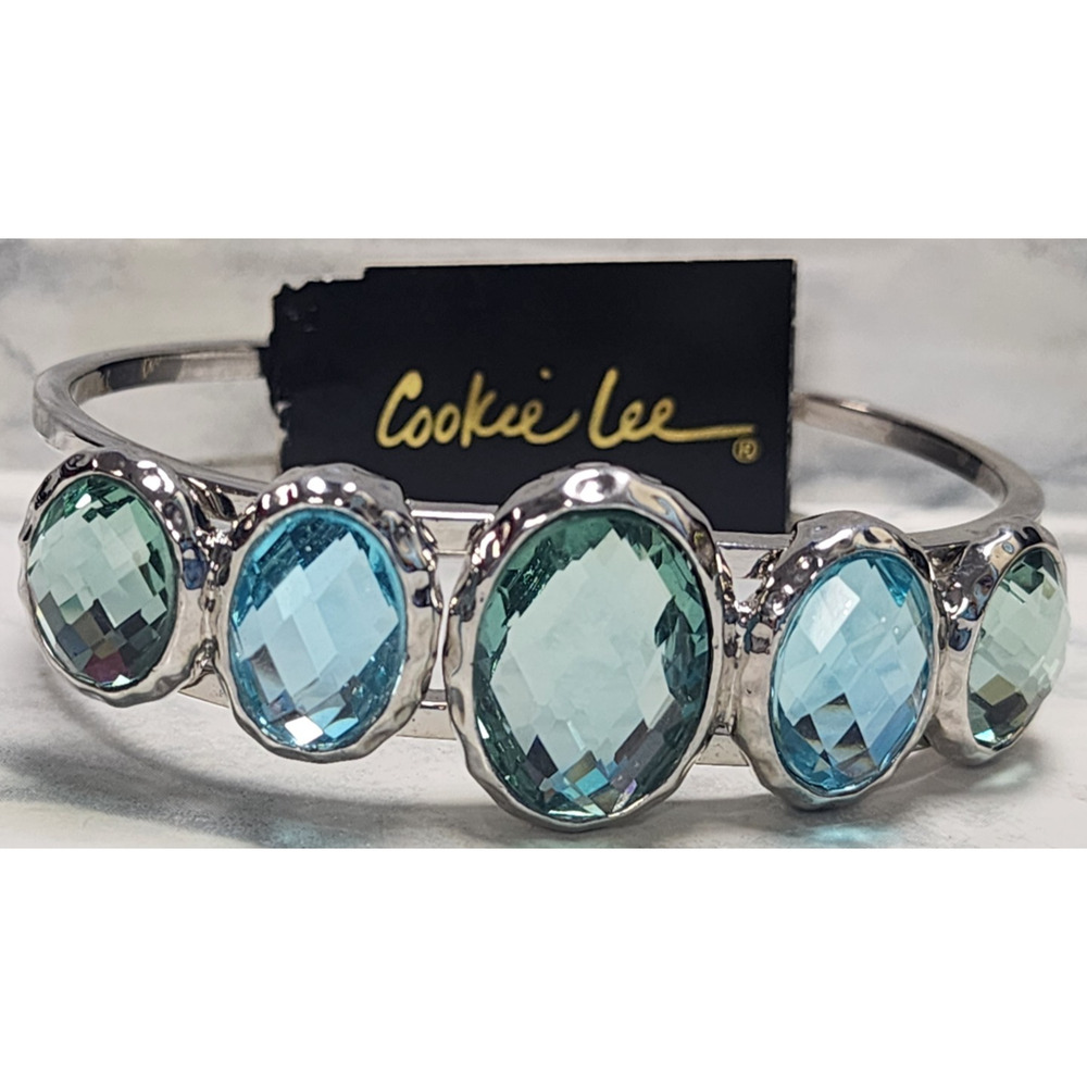 Cookie Lee, Genuine Crystal Hinged Silver Color Bangle 5 Faux Stone Bracelet